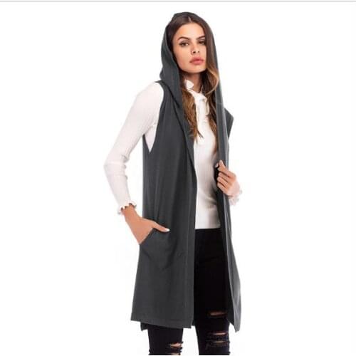 Knitted Cardigan Women Vest Spring Autumn Loose Long Hooded Open Stitch Top Black/Grey/Green Double Pockets Knitting Vests Hot