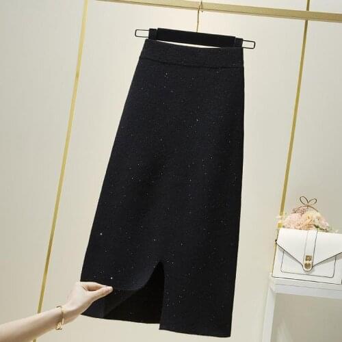 2021 Autumn Winter Women New Vintage Skirts Lady Knitting High Waist Package Hip Split Skirt Female Solid Thick Warm Faldas Q242