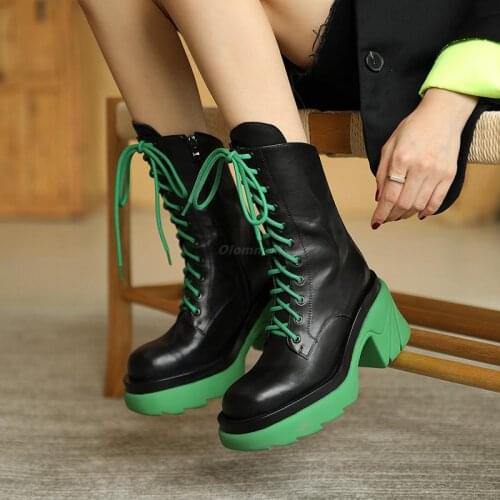 2021 Women Motorcycle Boots Wedges Shoes Woman High Heel Platform PU Leather Boots Lace Up Zip Black Boots Girls
