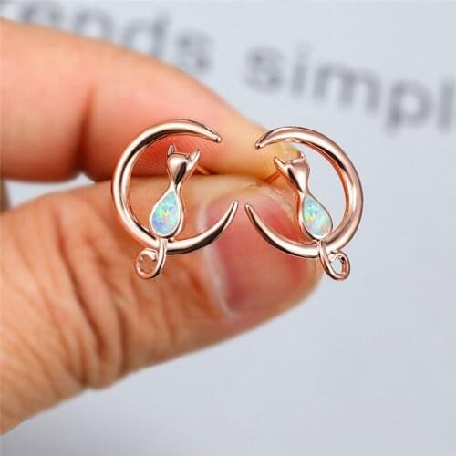 Female Rose Gold Silver Color Moon Stud Earrings White Blue Opal Cute Small Cat Earrings For Women Wedding Jewelry Boho Earrings