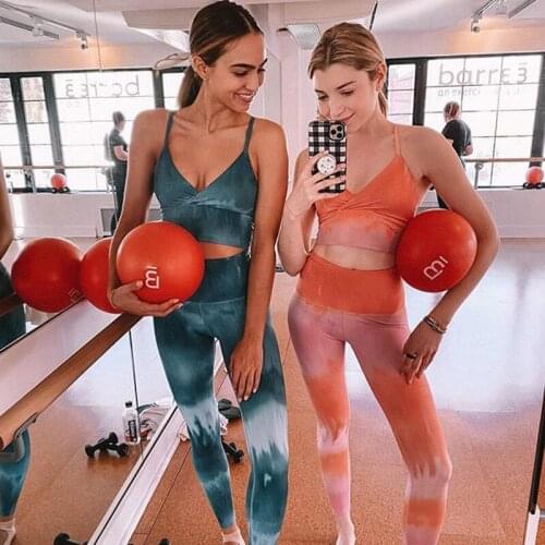 Women 2 Piece Yoga Fitness Suit Deep V Tank Bra+Leggings Tie Dye High Waist Female Gym Push Up Workout Set Sportswear Tracksuit