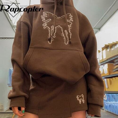 Rapcopter Butterfly Brown Sweatshirts Oversized Long Sleeve Pullovers y2k Hooded Pockets Sporty Tops Women Autumn Winter 2021