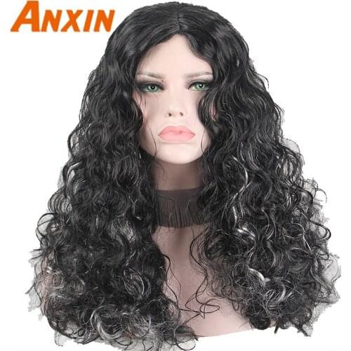 Anxin Black Wavy Curly Hair for Black Women Without Bangs Long Curly Hair Synthetic Wig 16 Inch Over Shoulder Super Dense Wig