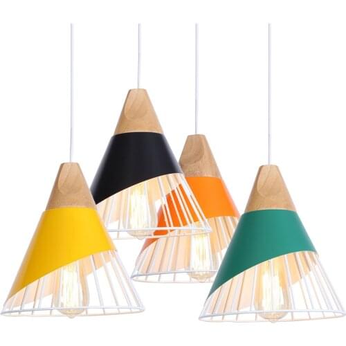 Wood Nordic LED Pendant Lights Colorful Iron Cage Loft Decor Hanging Lamp For Living Room Decoration E27 Bulb Lampara Colgante