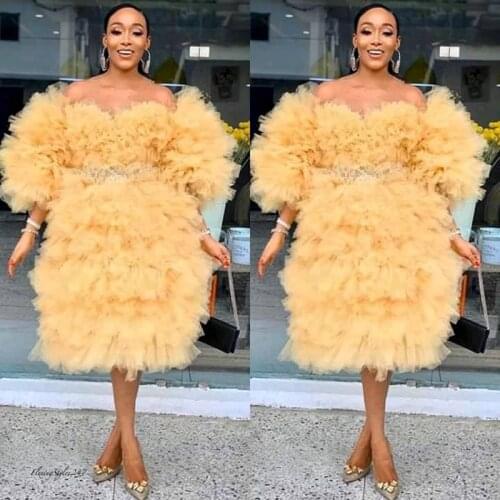 Extra Puffy Tiered Tulle Dresses Prom Gown Short Gold Lush Mesh Chic Cocktail Party Dress Plus Size Vestidos de fiesta de noche