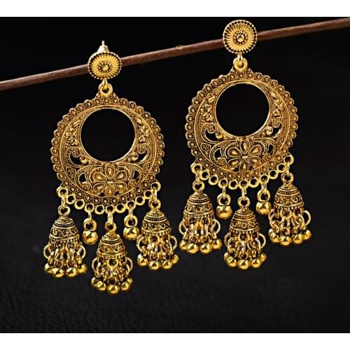 Ethnic Flower Tassel Indian Jhumka Earrings For Women Boho Vintage Hollow Bollywood Oxidized Bell Alloy Dangle Earrings