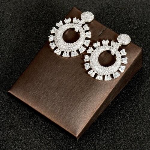 HIBRIDE CZ Round Design Drop Earrings Pendientes Bridal Wedding Engagement Party Dubai Gold Earrings for Women Wholesale E-986