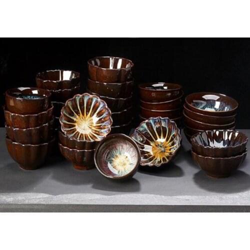 4pcs/set Kiln change Sand Gold Tea Set Ceramic Kung Fu Teacup Flower Shape Tea Bowl Drinkware Tea House Supply