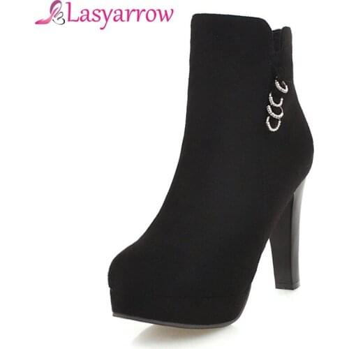Lasyarrow Round Toe Platform Ankle Boots For Women Autumn Womens Shoes Thick High Heels Motorcycle Boots Short Martin Boots