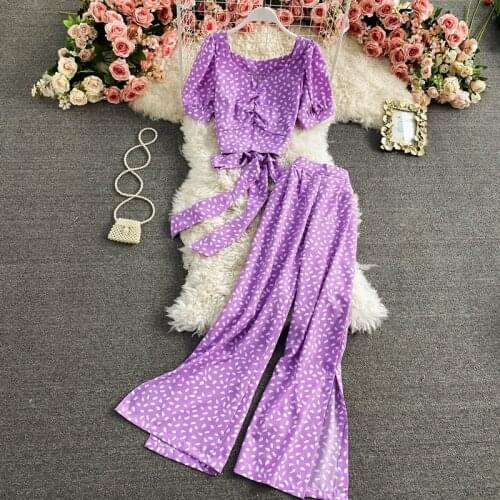 Summer V neck bow knot halter short print top two-piece suit elegant split wide-leg pants women sets long womens Sets trend