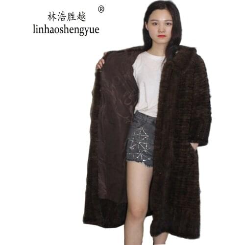 Linhaoshengyue 2020 Hot Fashion and Warm Length 110cm Real Mink Weave Fur Coat