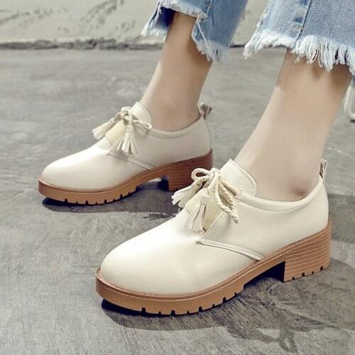 Fashion Student Korean British Style Soft Sweet Girls Women Goth Harajuku Pu Leather Lace Up Mid Heels Platform White Black Cos