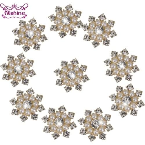 Nishine 10PCS Vintage Metal Decorative Buttons Crystal Pearl Flower Center Alloy Flat Back Rhinestone Buttons Diy Craft Supplies