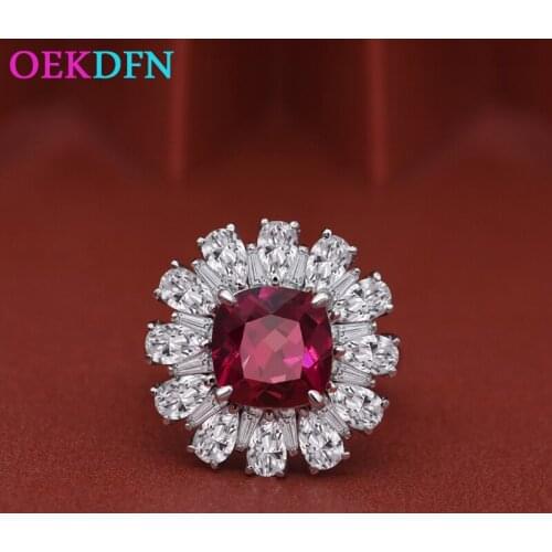 OEKDFN Vintage S925 Sterling Silver Ring For Women 9*9mm Created Moissanite Ruby Gemstone Wedding Engagement Jewelry Women Rings