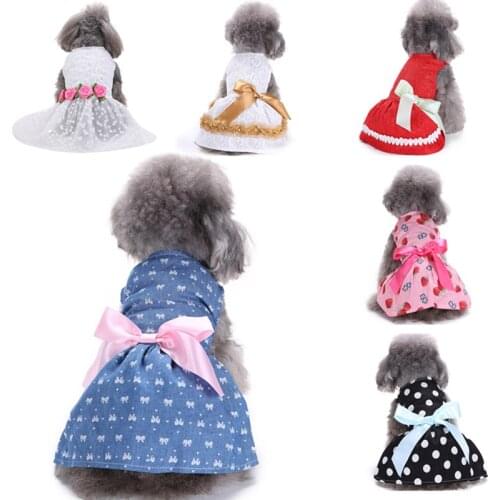 Dog Dress Bow Cute Cats Dresses Polka Dot Pink Pet Dress For Small Dogs Chihuahua White Lace Dog Wedding Birthday Tutu Skirt