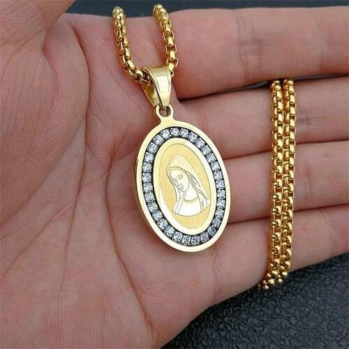 Full Crystal AAA CZ Cubic Zirconia Virgin Mary Pendant Stainless Steel Catholic Necklaces & Pendants Gold Chain Jewelry
