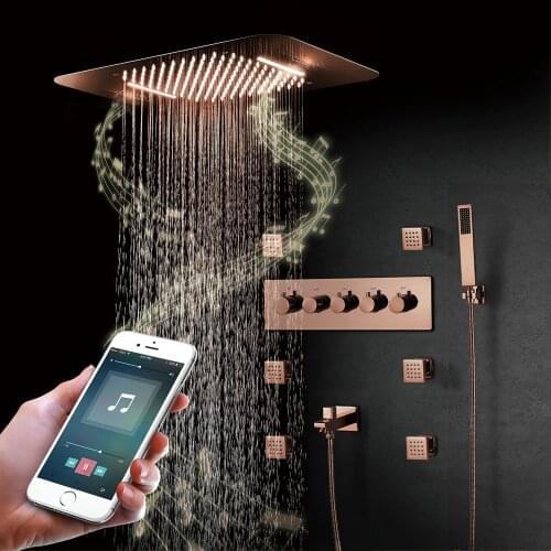 Luxury Rose Gold Music Shower System LED ShowerHead Bathroom Faucets Rain Shower Set Thermostatic Brass Concealed Mixer Bath Tap