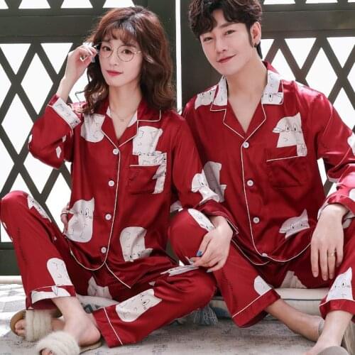 Couple Silk Pajama Sets Sleep Print Satin Sleepwear Women Summer Suit Full Sleeve Silk Pyjama Men Pyjamas Male XL XXL XXXL