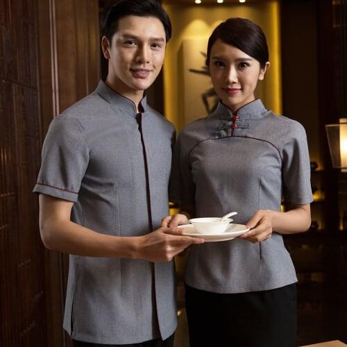 High Quality Hotel Work Clothing Men and Women Summer Hotpot Staff Uniforms Restaurant Gray Retro Waiter Uniforms Chinese Shirt
