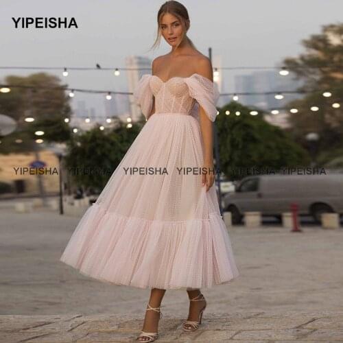 Yipeisha Blush Pink Short Prom Dresses 2021 Off Shoulder A-Line Party Dresses Pleated Tea-Length Tulle Formal Banquet Gowns