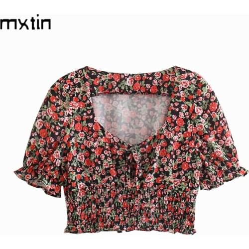 MXTIN 2020 Women Summer Fashion Floral Print Cropped Blouses Vintage Square Collar Puff Sleeves Female Shirts Blusas Chic Tops