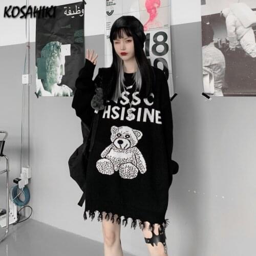 KOSAHIKI Black Sweater Women College Style Sweater Cartoon Bear Pullover Vintage Loose Ripped Fashion Harajuku Streetwear Jumper