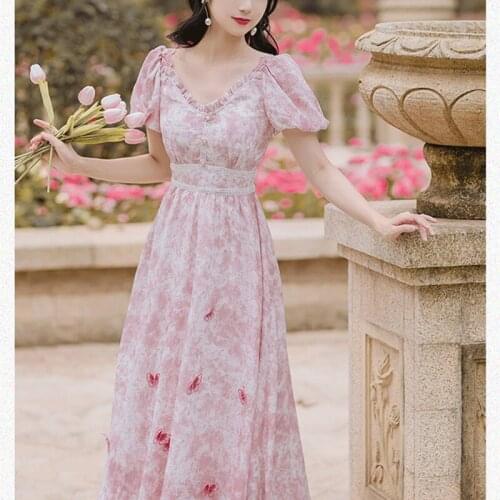 Fairy Dress Retro Palace Style Floral Dress For Women 2021 Net Yarn Bow Cute Puff Sleeve Gentle Vestido Summer