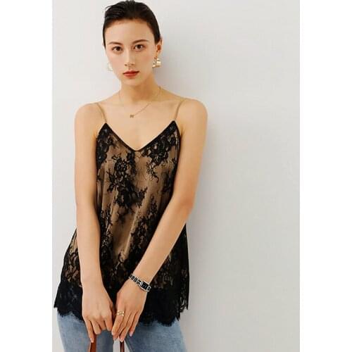 100% Silk Tank Top Women Casual Style Lace Silk V Neck Sleeveless 2 Colors Sexy Loose Basic Clothing New Fashion