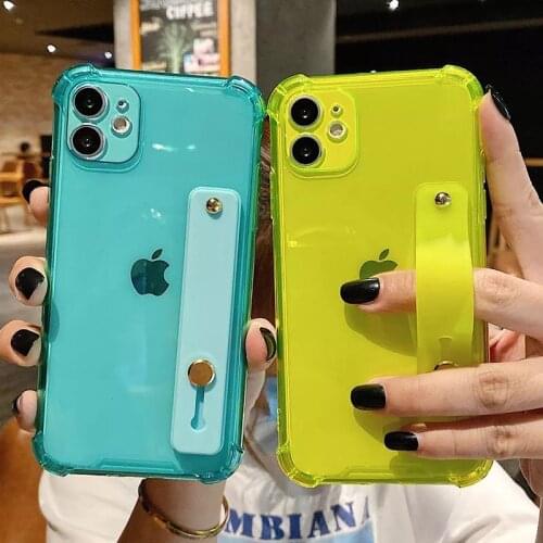 100pcs/lot Wrist Strap Transparent Phone Case For iPhone 11 12 Pro Max XR XS Max X 7 8 Plus Fluorescent Color Soft Back Cover