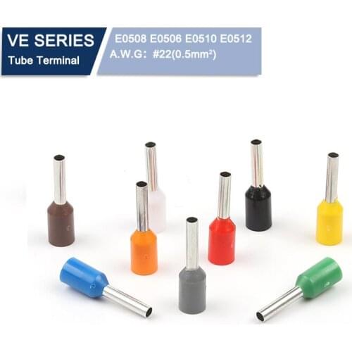 100PCS VE Tube type E0506 E0508 E0510 E0512 Insulated Ferrule Terminal Block Cord End Wire Connector 0.5mm2 22AWG Crimp Terminal
