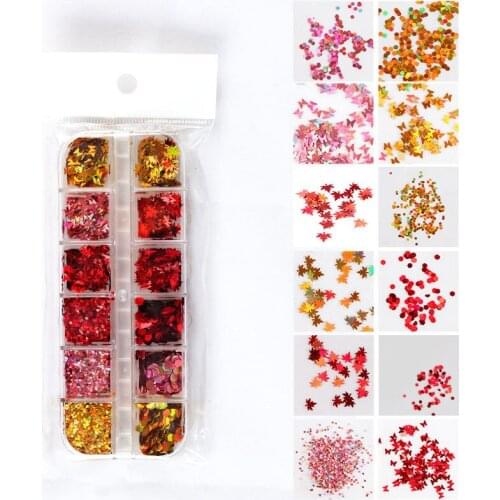 12Set Holographic Butterfly Leaf Love Nail Art Sequins Nail Art Glitter Laser Sequins DIY Polish Nail Supplies for Professionals