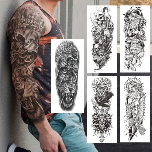Large Lion Compass Temporary Tattoos Sleeves For Men Women Adult God Eye Skull Fake Tatoos Black DIY Full Arm Tattoo Sticker