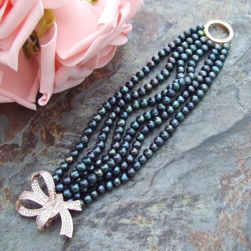 Handmade micro inlay zircon clasp natural 4-5mm 6strands black pink white freshwater pearl bracelet long 20cm