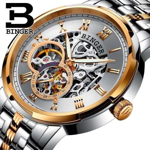 Mechanical Luxury Brand Watch Men Business Casual Wristwatches BINGER Luminous Automatic self-wind skeleton Full Steel 3atm