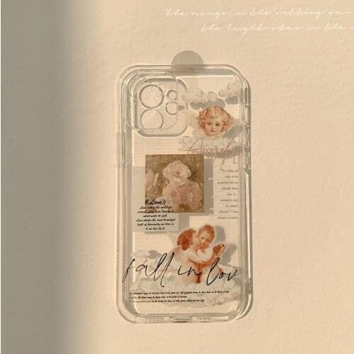 Art Retro Rose Flower Angel Painting Phone Case For iPhone 12 11 Pro Max X Xs Max Xr 7 8 Puls SE 2020 Cases Clear Soft TPU Cover