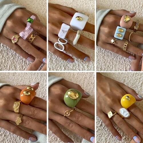 Cosysail 2021 New Ins Aesthetic Colorful Transparent Resin Acrylic Crystal Ring Set for Female Geometric Irregular Ring Jewelry