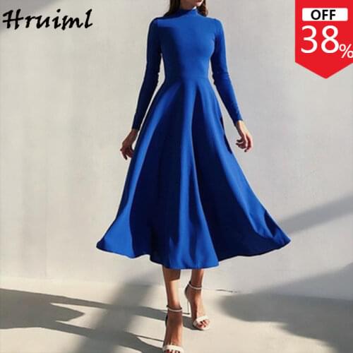 Cheap Wholesale Items Womens Dress Long Sleeve Stand Collar ALine Draped Party Dress Autumn Winter Elegant Evening Maxi Dresses