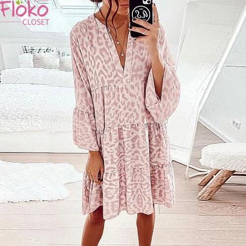 Flokocloset Summer Leopard Print V-Neck Loose Midi Dresses Flare Sleeve A-LINE Women Long Sleeve Party Dress Vestidos