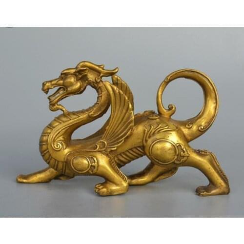 Exquisite China Fengshui Pure Brass Evil Dragon Kylin Unicorn Wing Beast statue