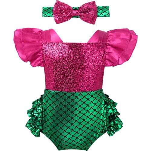 Newborn Baby Girls Mermaid Princess Dress Shiny Sequins Backless Romper + Headband 2Pcs Set for Toddler Girls Halloween Cosplay
