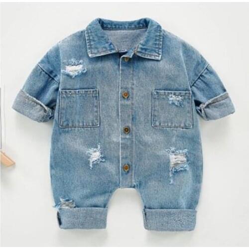 Cowboy Long Sleeve Baby Boys Girls Brolen Hole Jumpsuits 2021 Autumn Clothes Pure Overalls Newborn Baby Girls Rompers Children