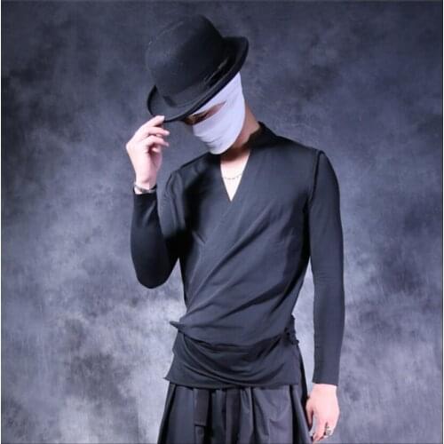 S-5xl New Tide Men Autumn Personality V-neck T-shirt Slim Bottom Shirt Asymmetric Design Long-sleeved T-shirt Singer Costumes