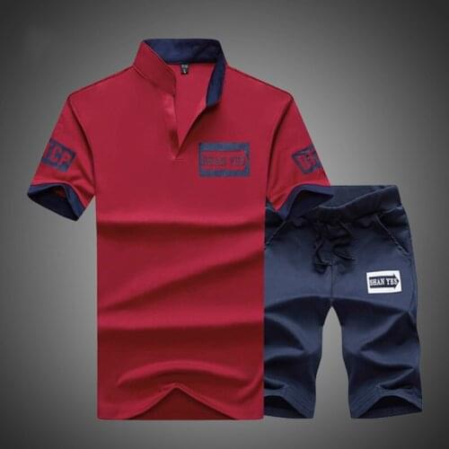 Men 2019 Brand Fitness Suits Summer 2PC Top Short Set Mens Stand Collar Fashion 2 Pieces T-shirt Shorts Tracksuit Sportsuits Set