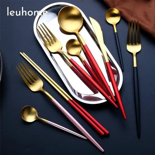 5Pcs Stainless Steel Dinner Black Gold Dinnerware Set Chopsticks Knife Fork Spoon Cutlery Set Kitchen Tableware Silverware Sets