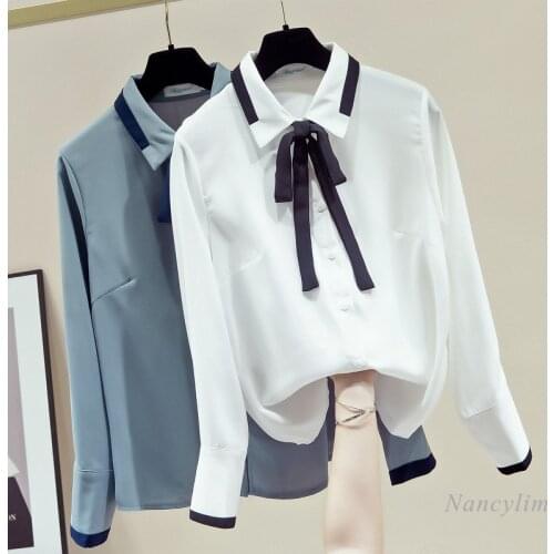 New Elegant Bow Doll Collar Shirt Womens Long Sleeve All-Match Blouse Ladys Top Office Wear 2021 Spring