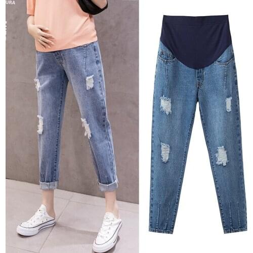 New Ripped Hole Denim Maternity Straight Jeans High Waist Cotton Belly Pants for Pregnant Women Summer Loose Pregnancy Trousers