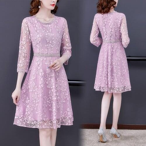 Autumn Winter Pink Lace Hook Flower Hollow Sexy Midi Dress 2021 Elegant Bodycon Vestidos Women Korean Fashion Officle Lady Dress