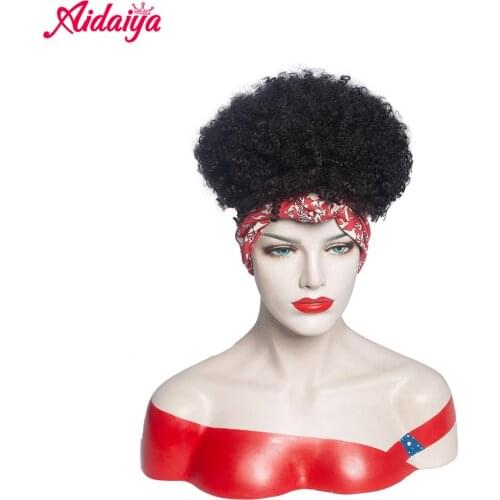 Aidaiya Kinky Curly Short Wrap Wig Turban Wig Wrp and Wig Linked Headband Wigs Synthetic Afro Kinky Culry Wig for African Women