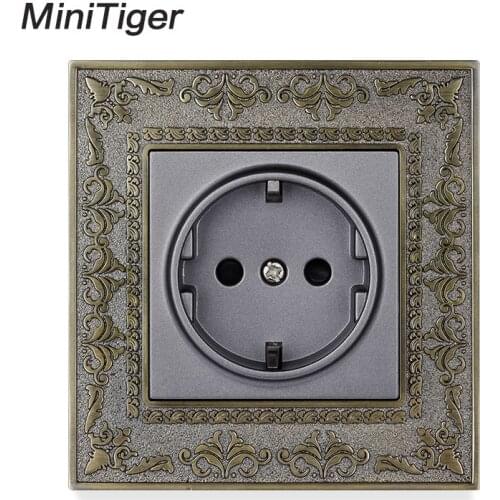 Minitiger 16A EU/DE Standard Gray Power Socket 4D Embossing Retro Zinc Alloy Panel Wall Power Socket AC 110~250V