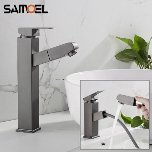 Nordic Style Stainless Steel Gray Square Pull out Bathroom Sink Faucet Grey Single-hole Basin Cold Hot Water Mixer Tap B3408